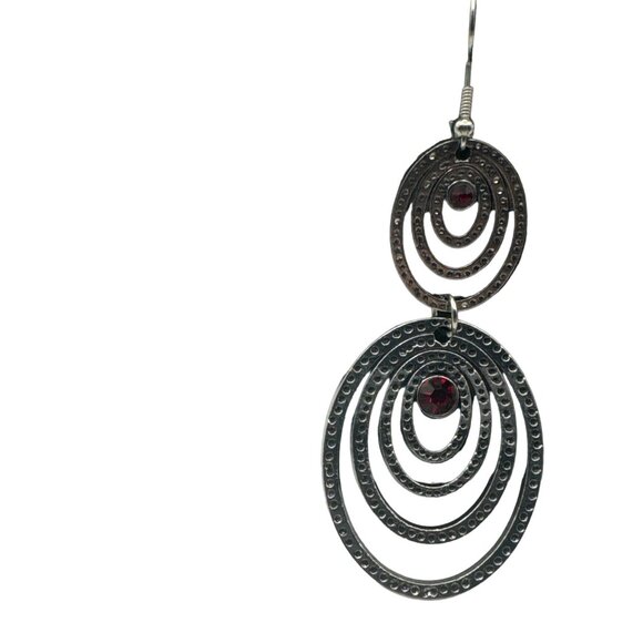 Silver Tone Dangle Earrings with Red Gemstone Accents for Women Retro Style Boho - Picture 3 of 4